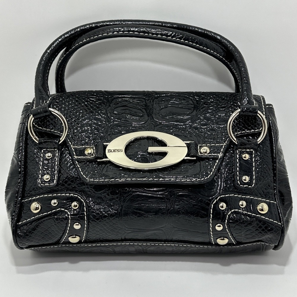 Vintage Guess Black Patent Alligator Embossed G Logo Studded Shoulder Bag Y2K